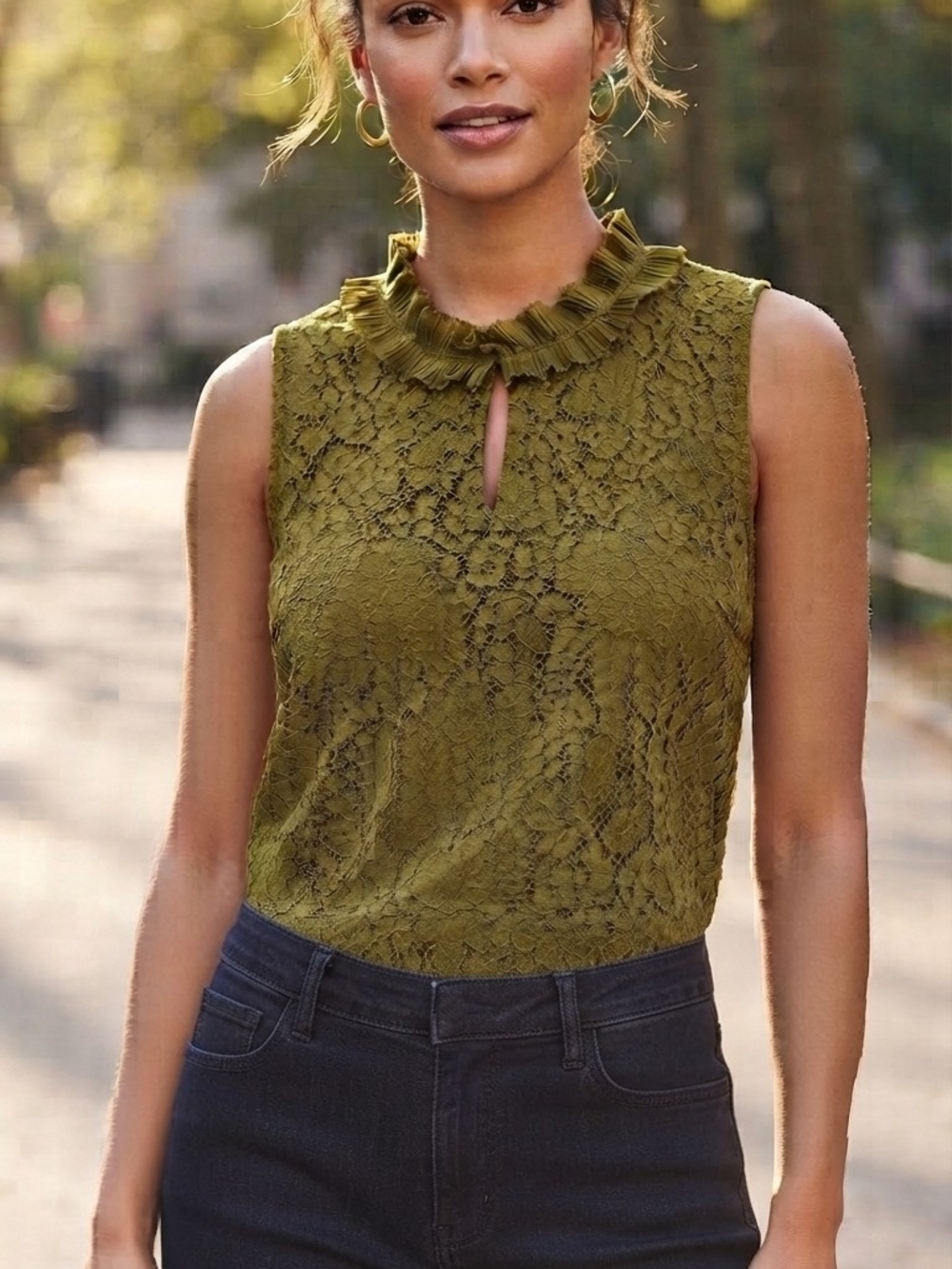 J.Crew Olive Green Floral Lace Pleated Ruffle Collar Keyhole Top Size S